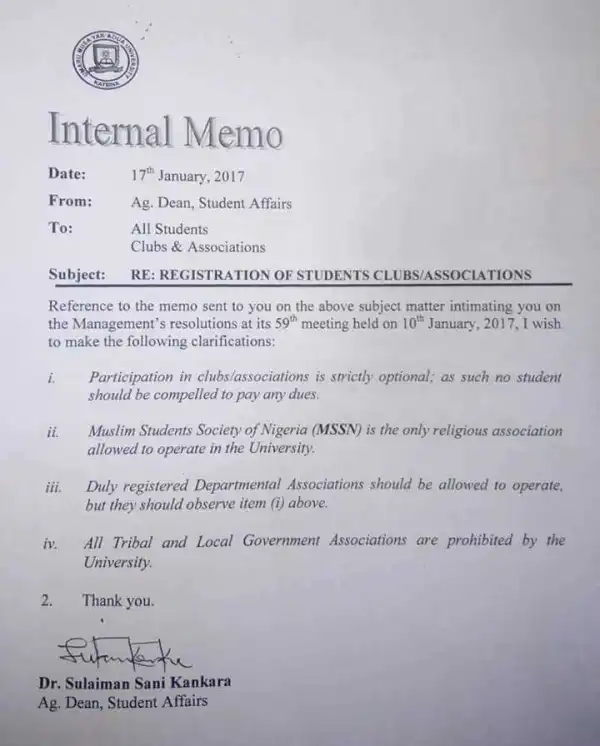 Umar Musa University Bans Christian Gatherings Leaving Islamic Gathering Only